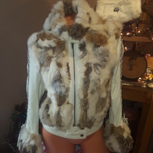 Bebe Rare Leather And Rabbit Fur Coat - Picture 2 of 9